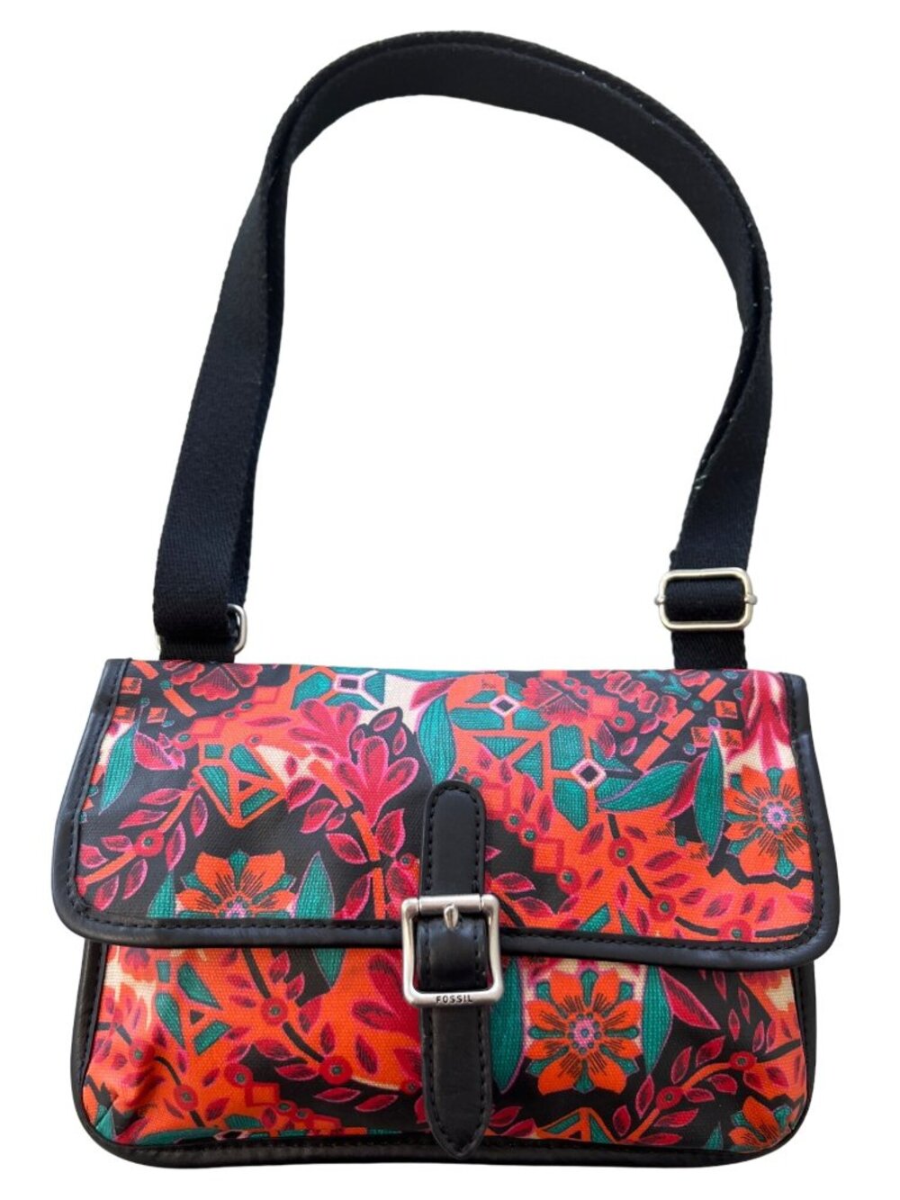 Fossil Keyper Crossbody Bag Mini Floral Coated Canvas Flap Front Black Orange